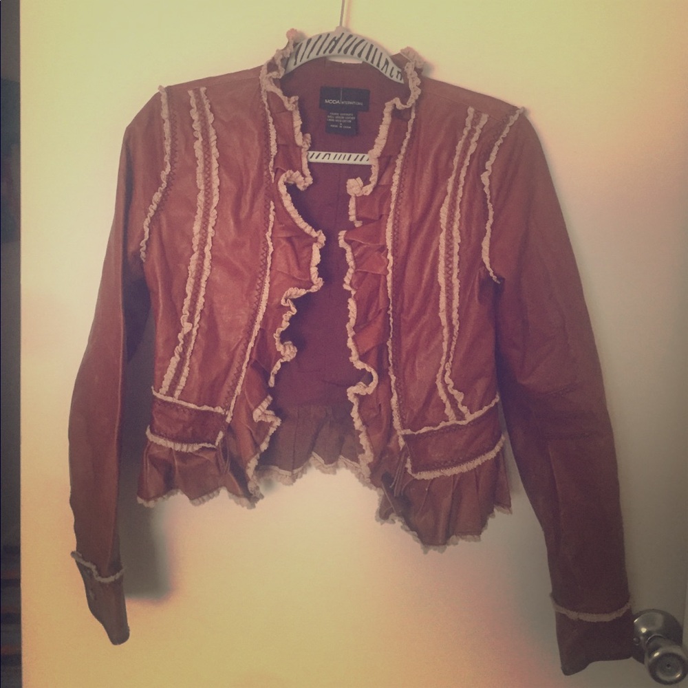 Brown Leather Crop Jacket with ruffles & lace