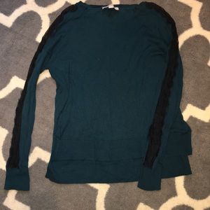 Loft women's teal sweater with black lace detail