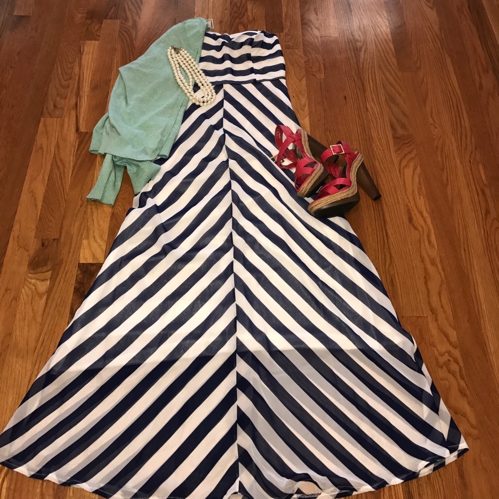 Navy and White Full Length Maxi Dress