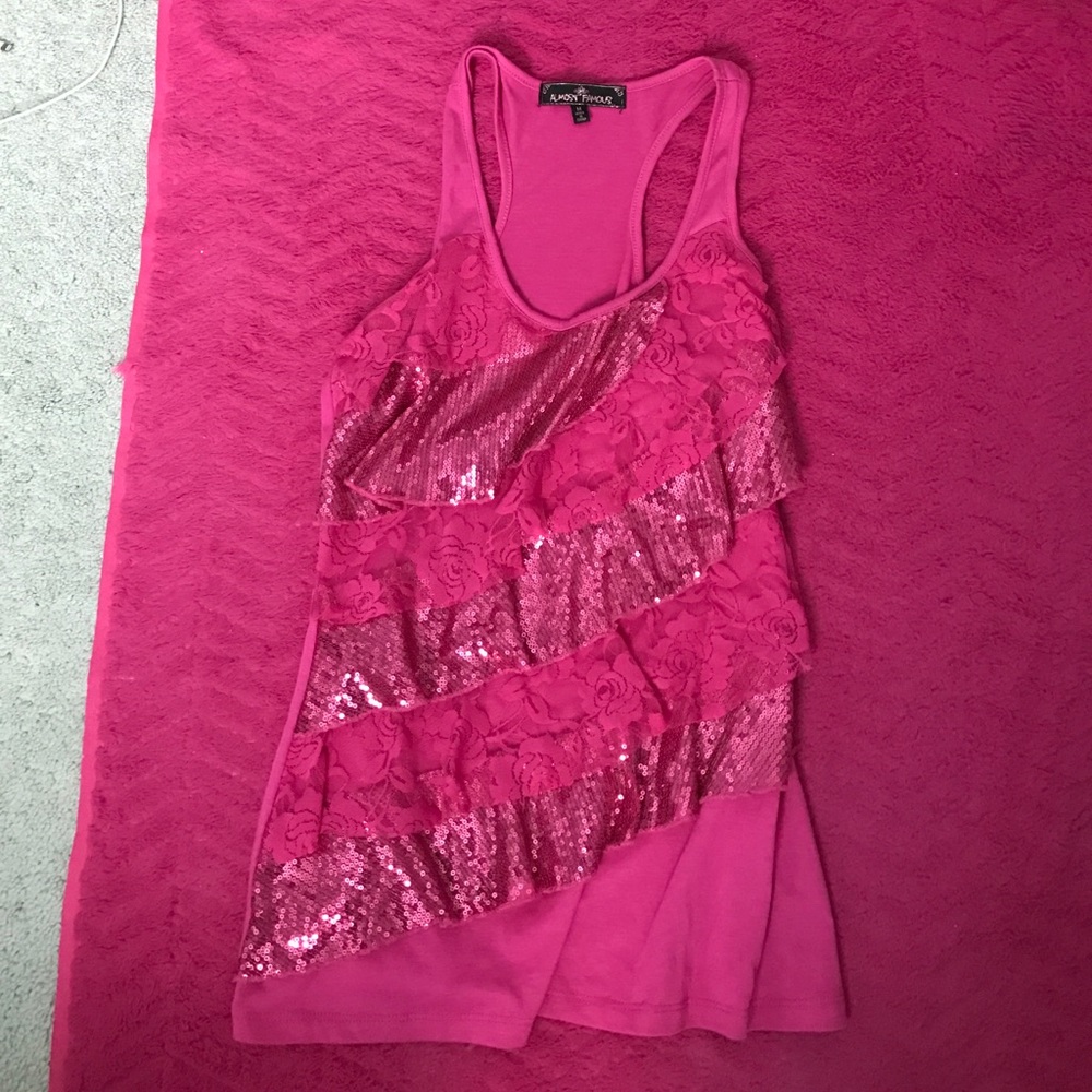Tiered lace and sequin tank top