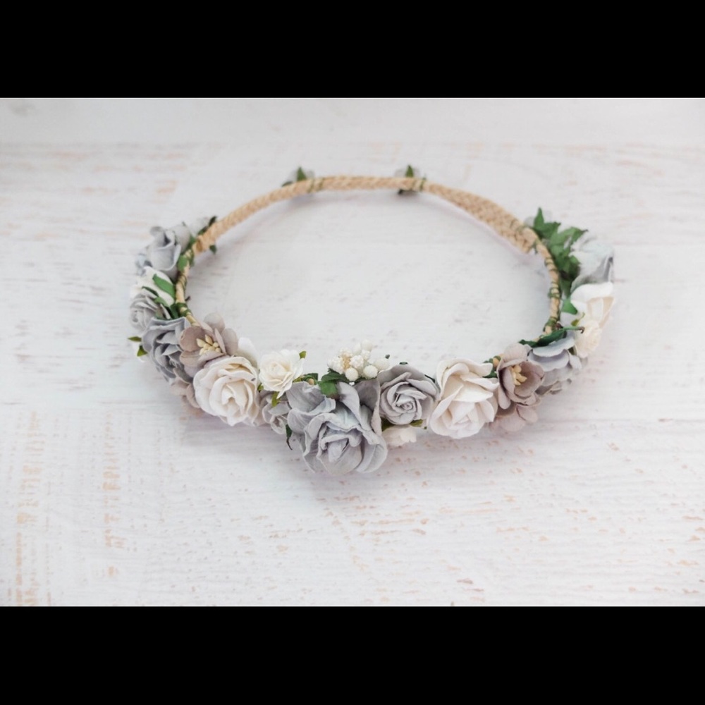Gray and White Flower Crown with Adjustable Rope