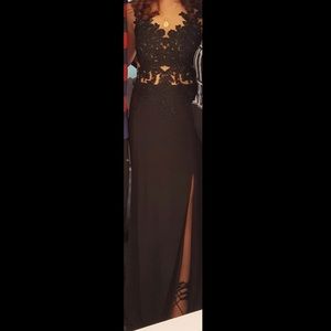Black mesh prom dress.
