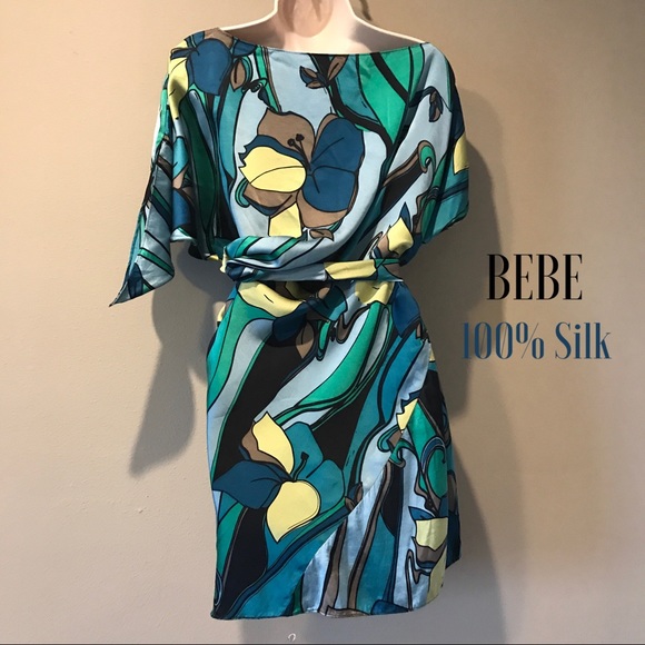 bebe Dresses & Skirts - Bebe 100% Silk Flutter Sleeve Dress, M