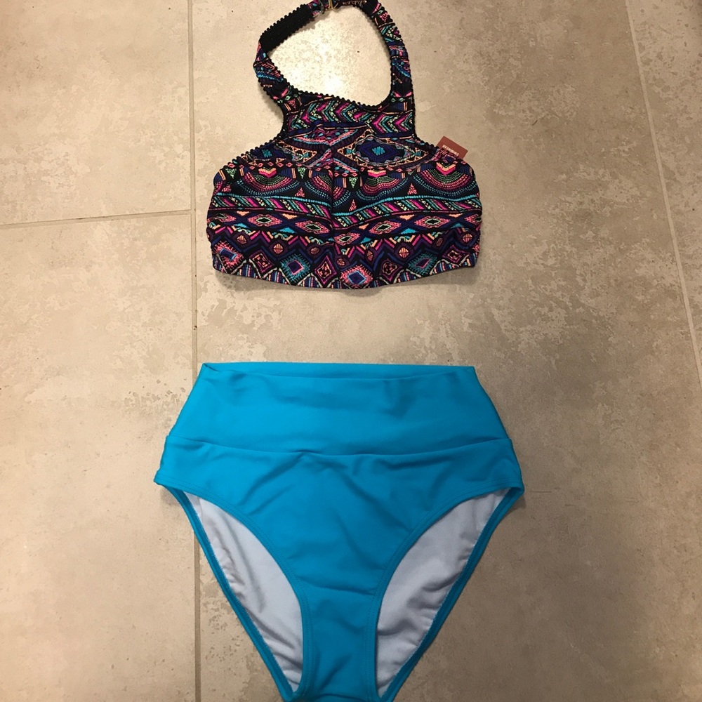 High neck swim top with high waisted bottoms