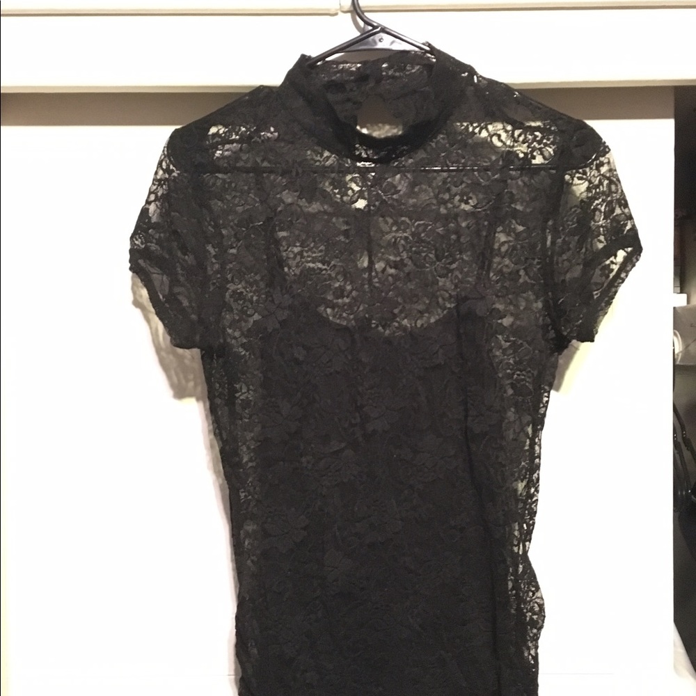 Short Sleeved Floral See-through High Collar Shirt