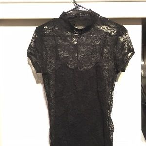 Short Sleeved Floral See-through High Collar Shirt