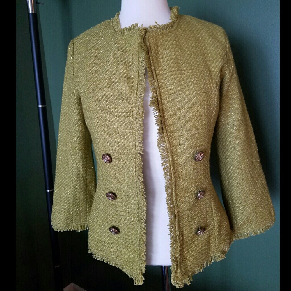 Chartreuse Tweed Blazer w Gold Rhinestone Buttons