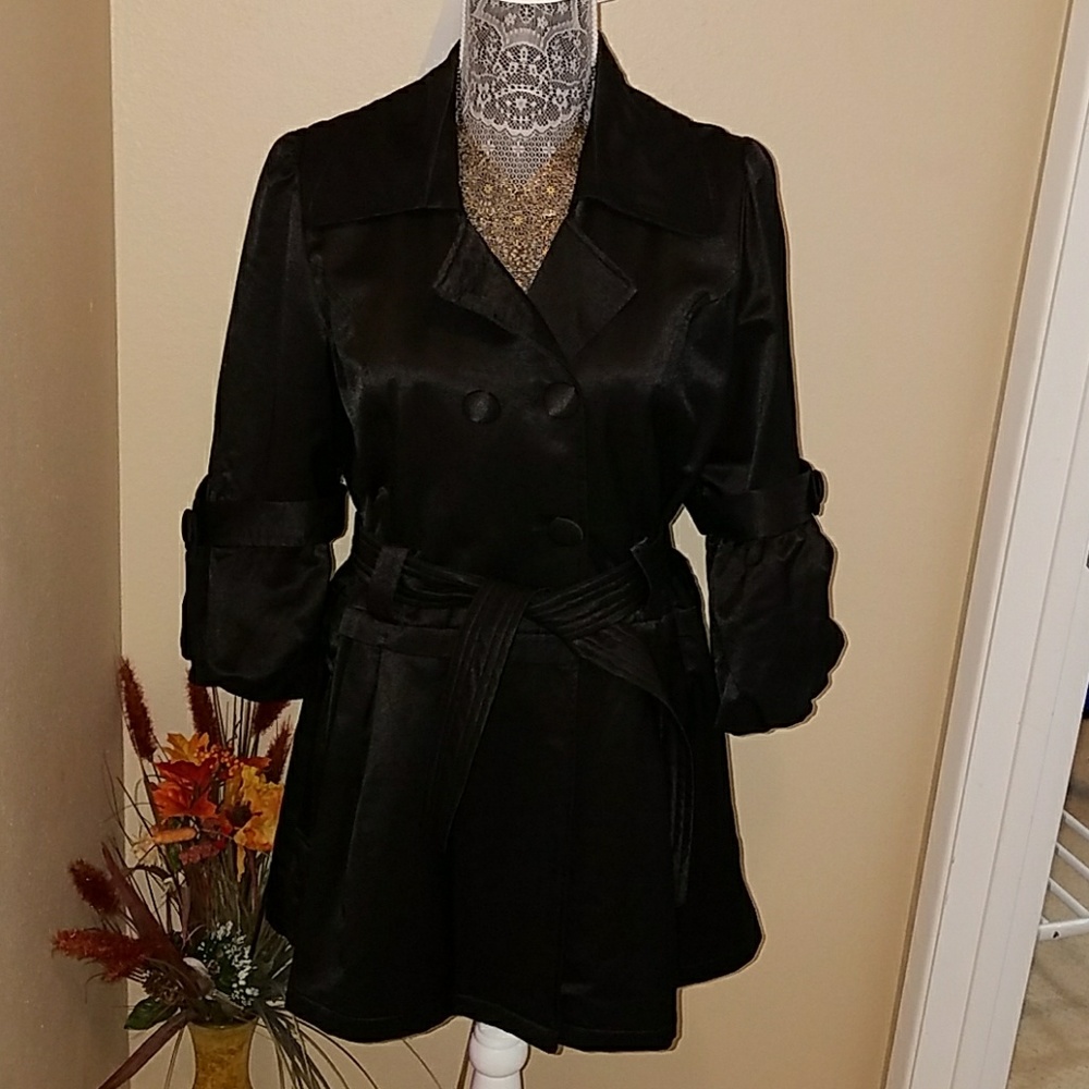 Elegant black satin trench coat