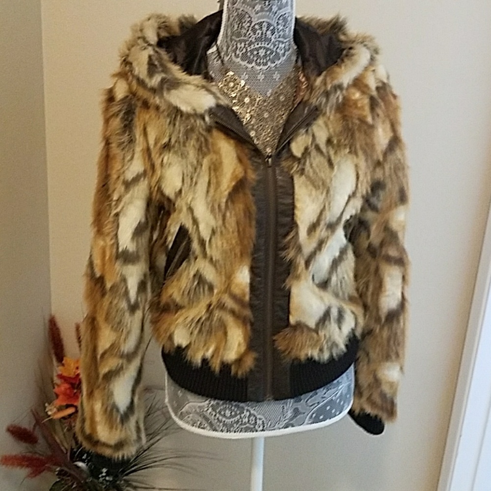 Guess faux fir short jacket with hood