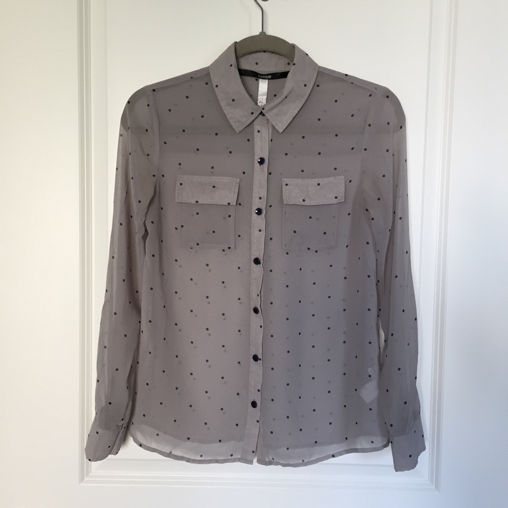 Kensie Grey navy polkadot silky button down