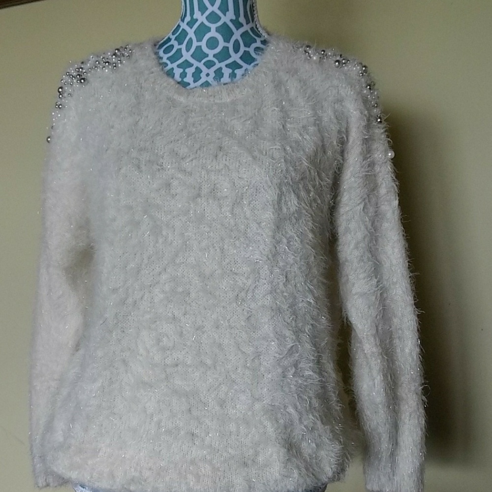 Cream sweater with beaded shoulders