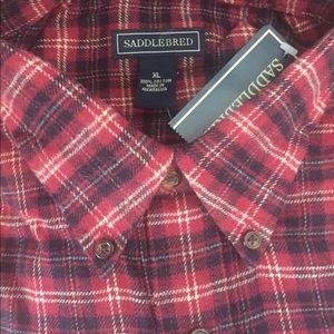 Men's long sleeve button down red and blue plaid.
