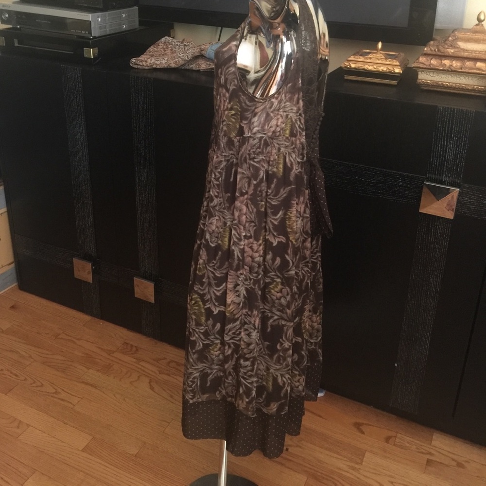 Silk BCBG Fab dress lace panel tie back brown