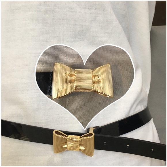 LAST 1 NWT Kate Spade Black Leather Belt Gold Bow - Picture 2 of 8
