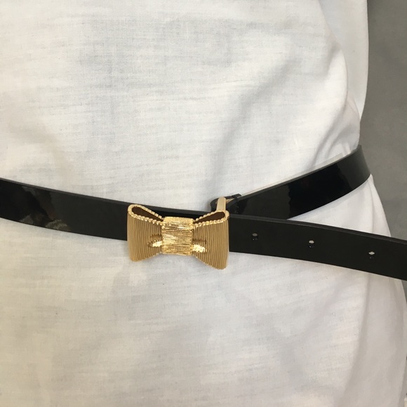 LAST 1 NWT Kate Spade Black Leather Belt Gold Bow - Picture 3 of 8