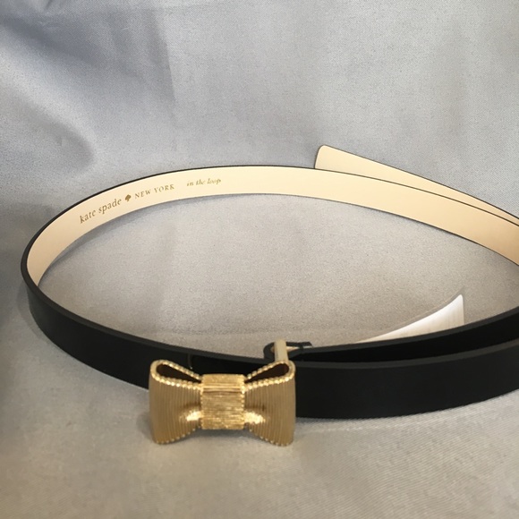 LAST 1 NWT Kate Spade Black Leather Belt Gold Bow - Picture 5 of 8