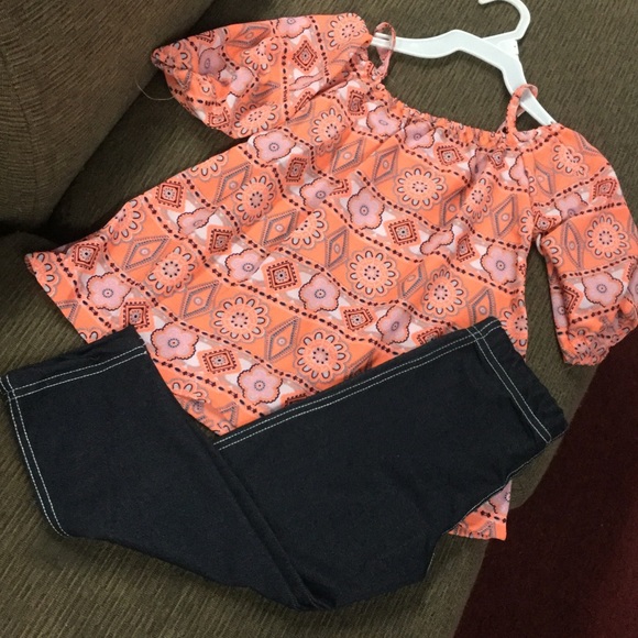 2 pc set leggings denim and orange blouse - Picture 1 of 4