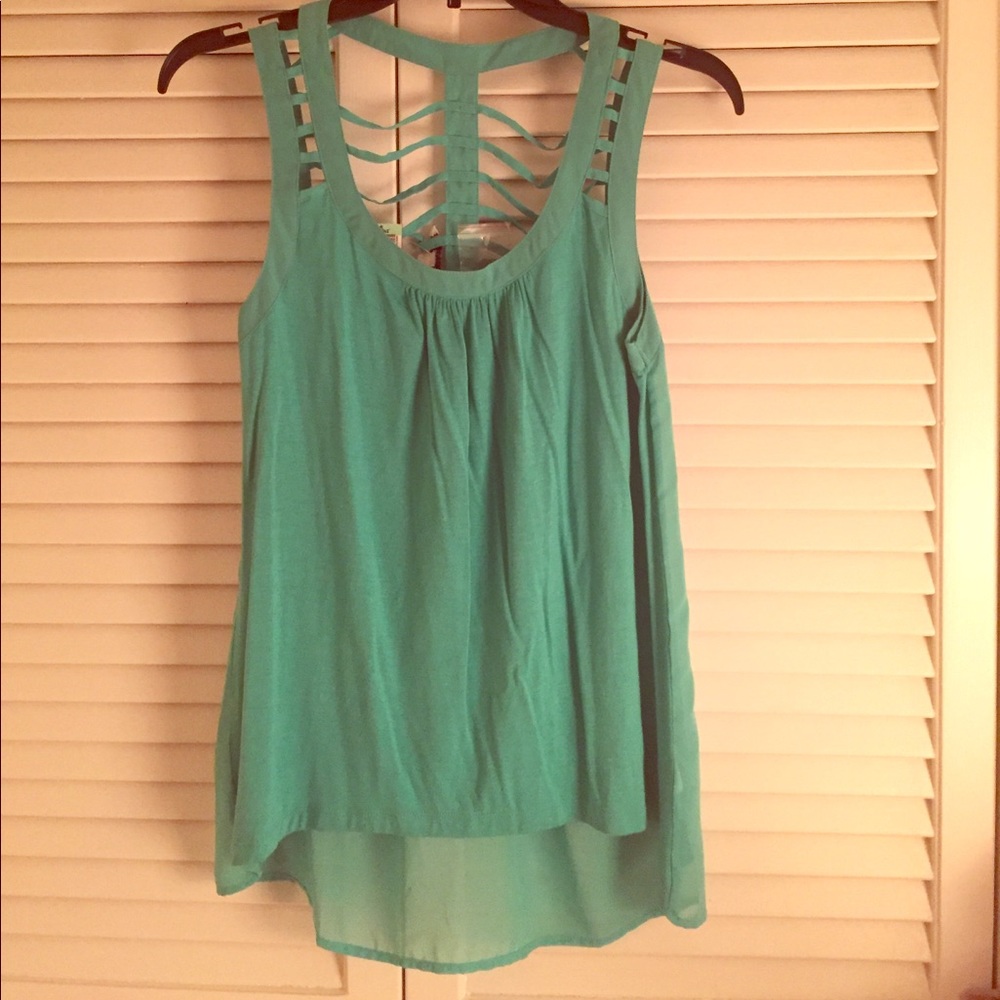 Aqua blue tank top, with open back.