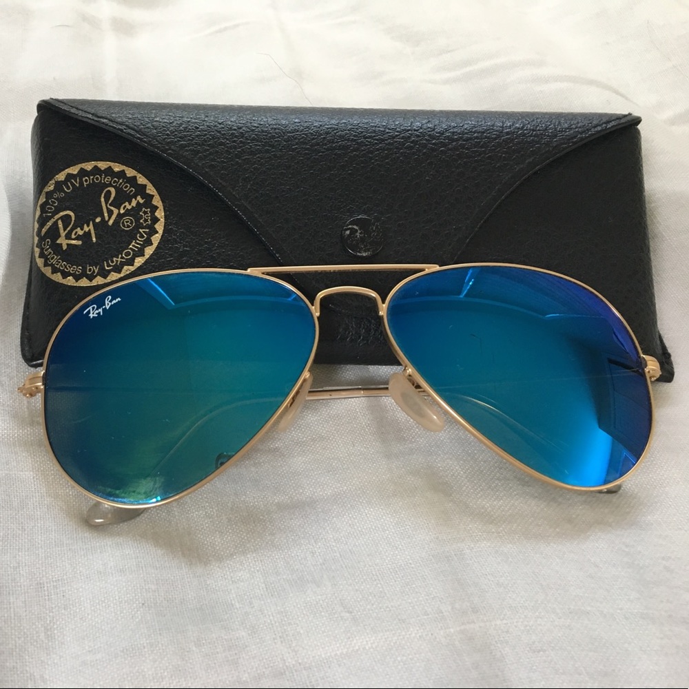 Ray ban gold frame with blue mirror lens aviators