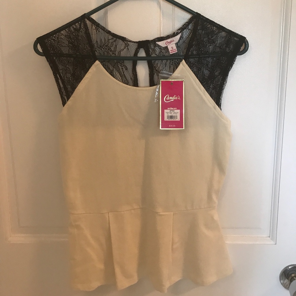 Ivory and black lace peplum top