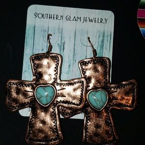 Hammered Copper cross earrings