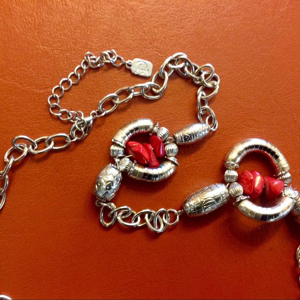Vintage 44"silver coral boho necklace