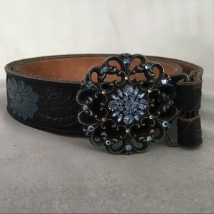 Blue and black floral leather belt
