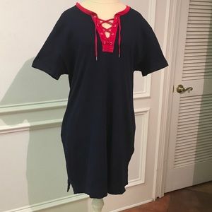 Short sleeved shift dress with lace up neckline