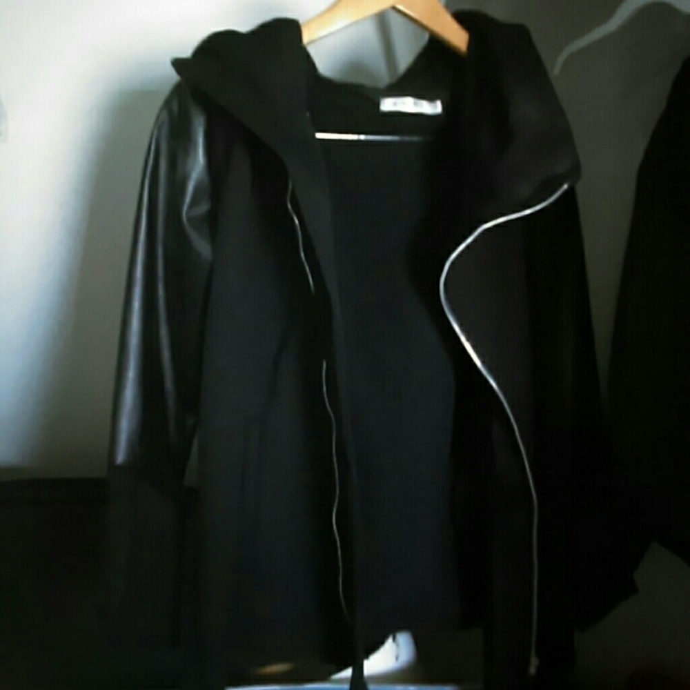 Oblique zipper black leather & cotton hoodie