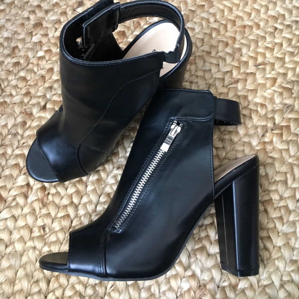 Black heeled peep toe boot mule things haha