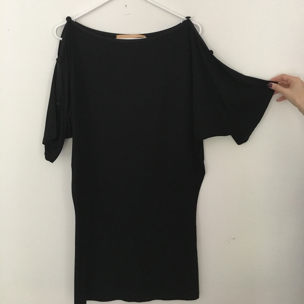 Black cold shoulder mid length dress