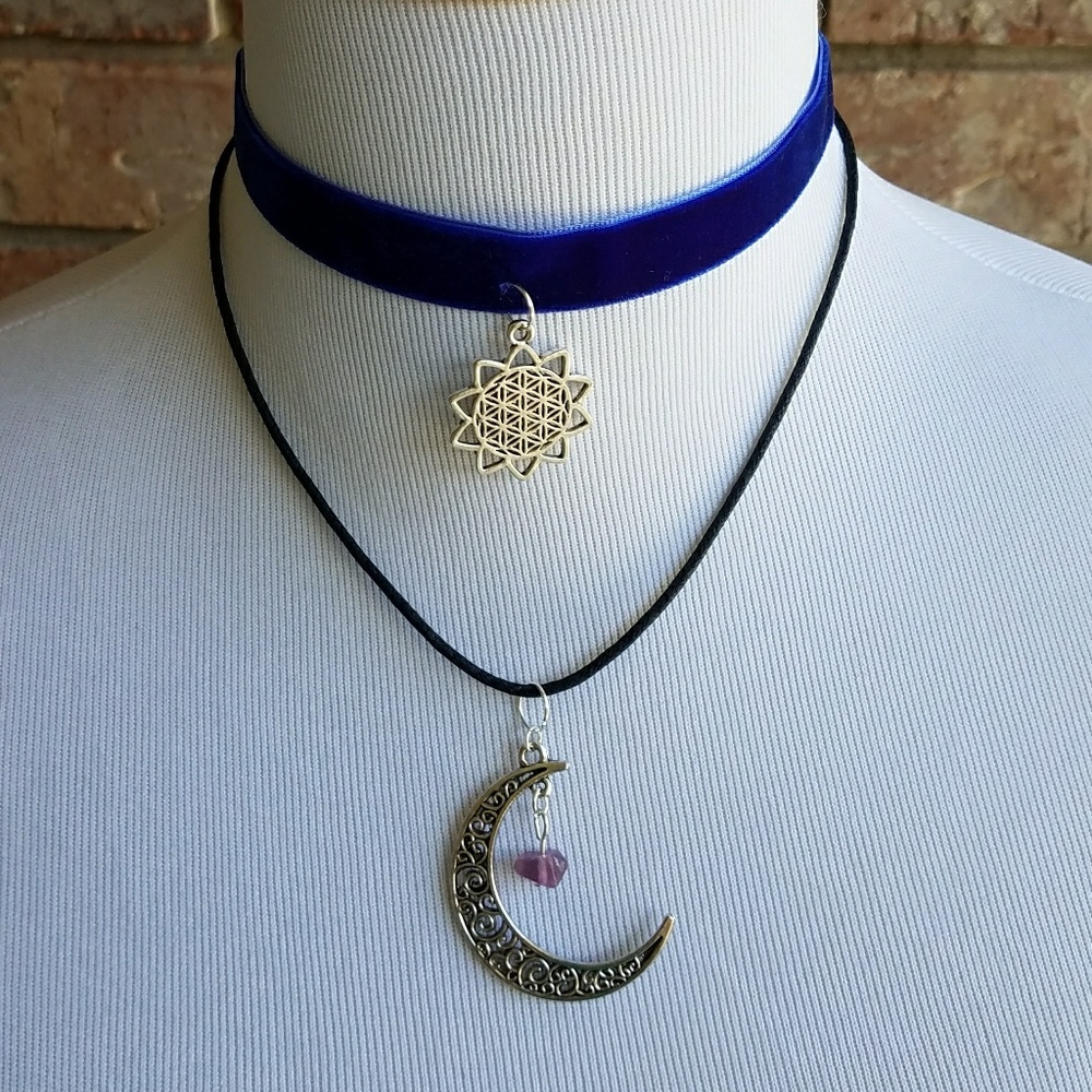 Healing Sun & Crescent Moon Blue Velvet Choker
