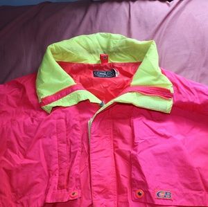 hot pink wind breaker with yellow accents