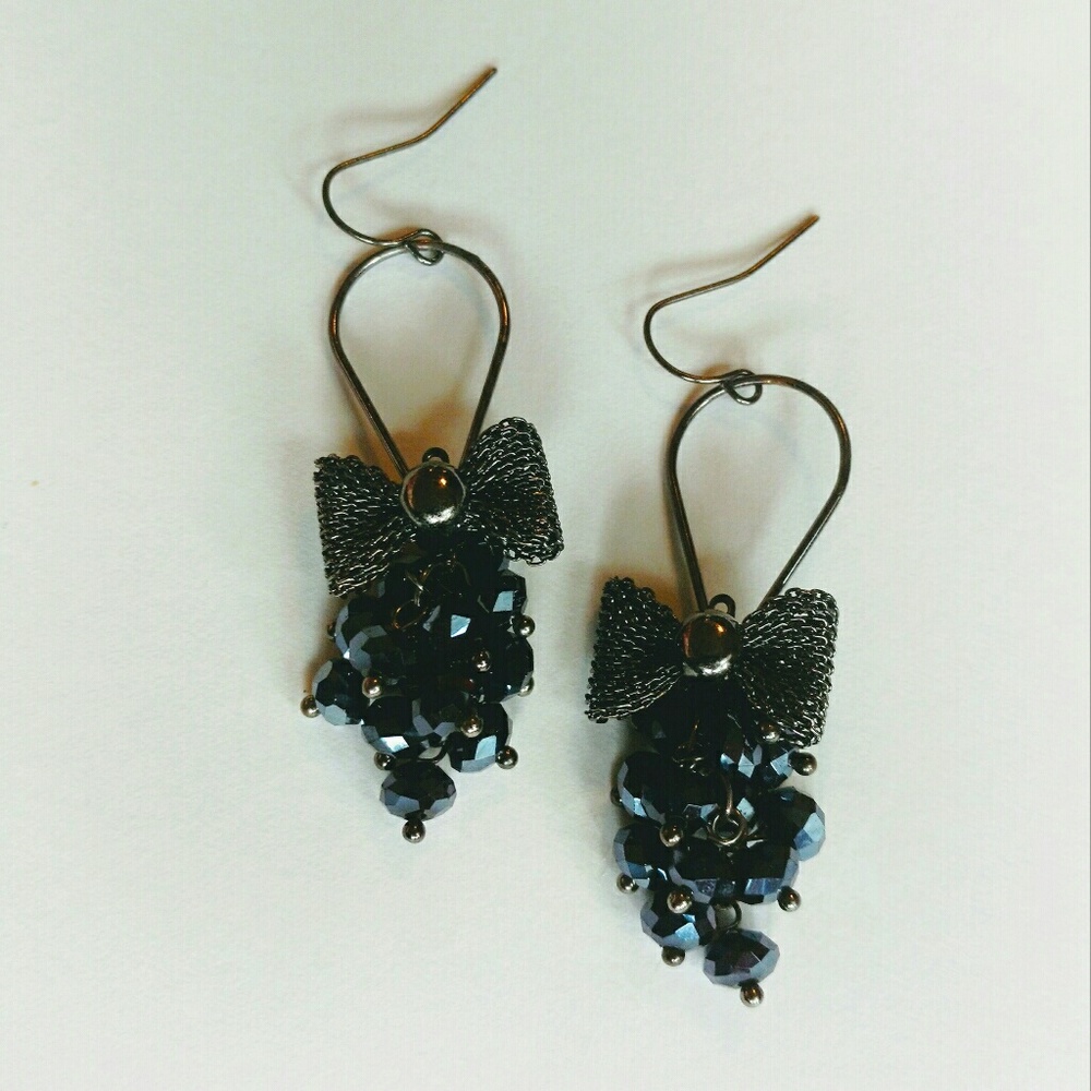 Blue Beaded and Dark Silver Bow Earrings