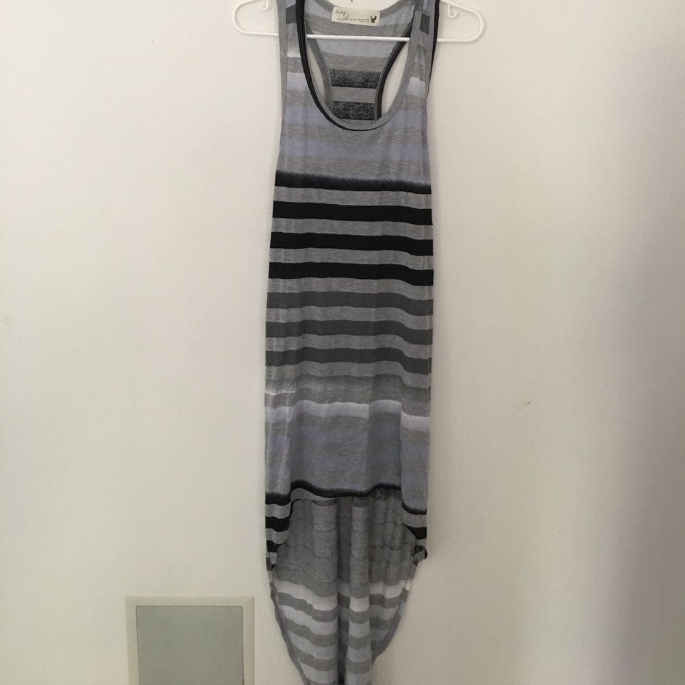 Gray with blue and black stripes high low dress