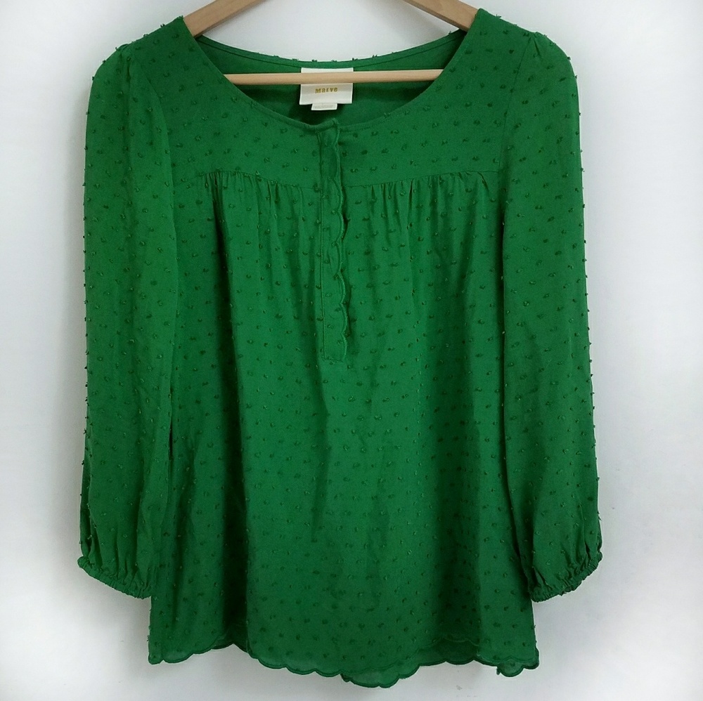 Anthropologie Textured Dot Green Popover Blouse