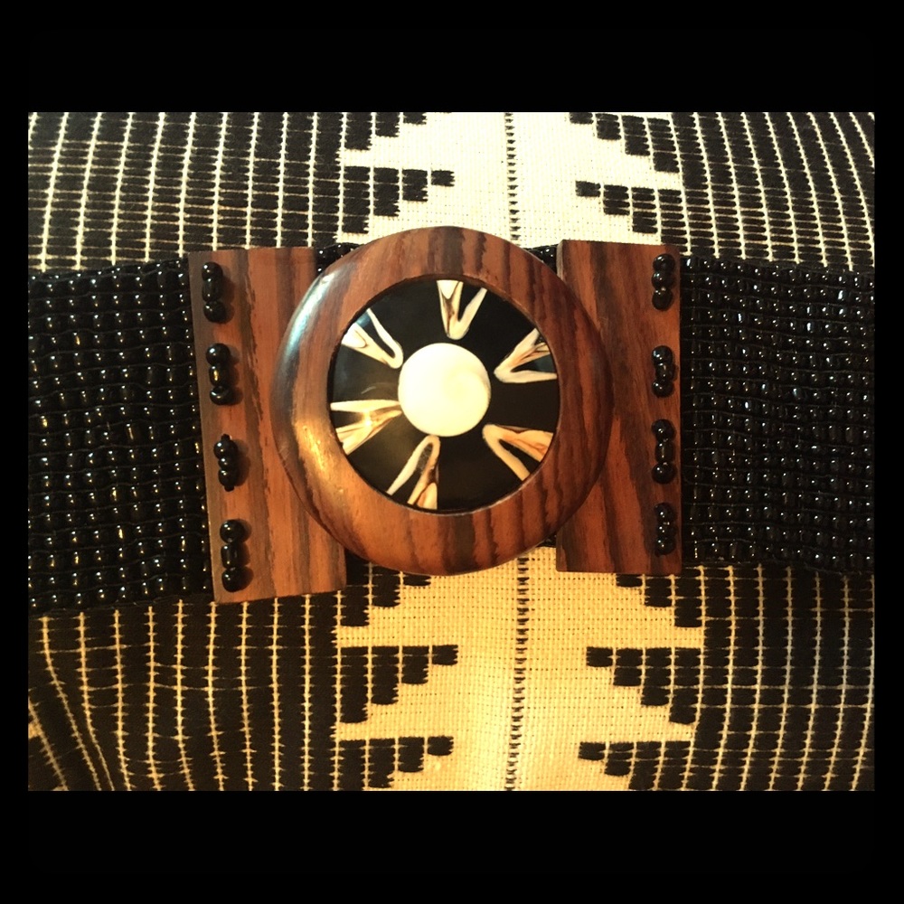 Black Vintage Beaded Belt Wooden & Shell Buckle