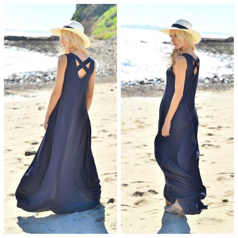 Navy Hi Low Maxi With Criss-Cross Back