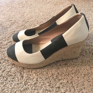 J crew nautical black and white striped wedges