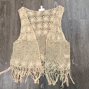 Long Tan Knit Fringe Vest Hippy Boho Layer