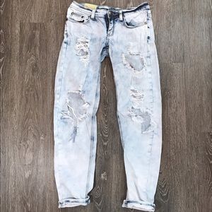 Low Rise Acid Wash Destroyed Distressed Jeans