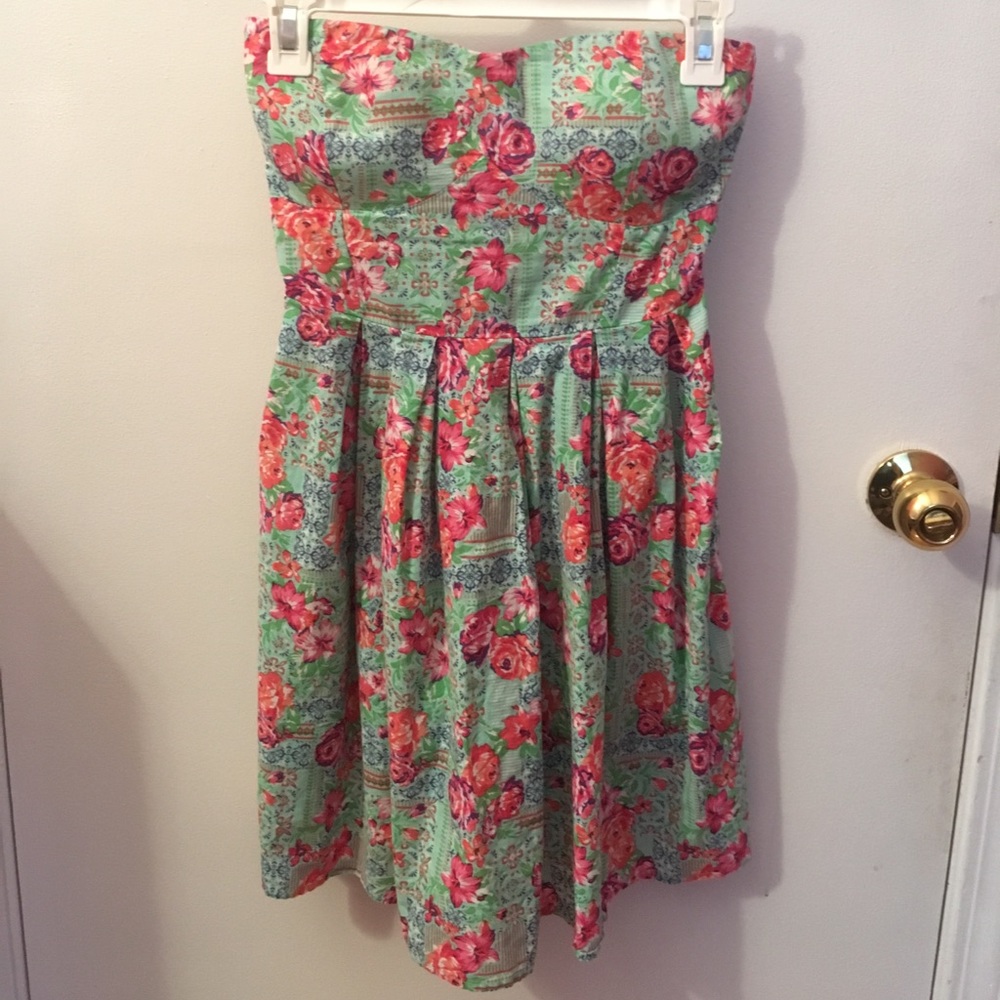 Blue/Green dress with Pink flower pattern