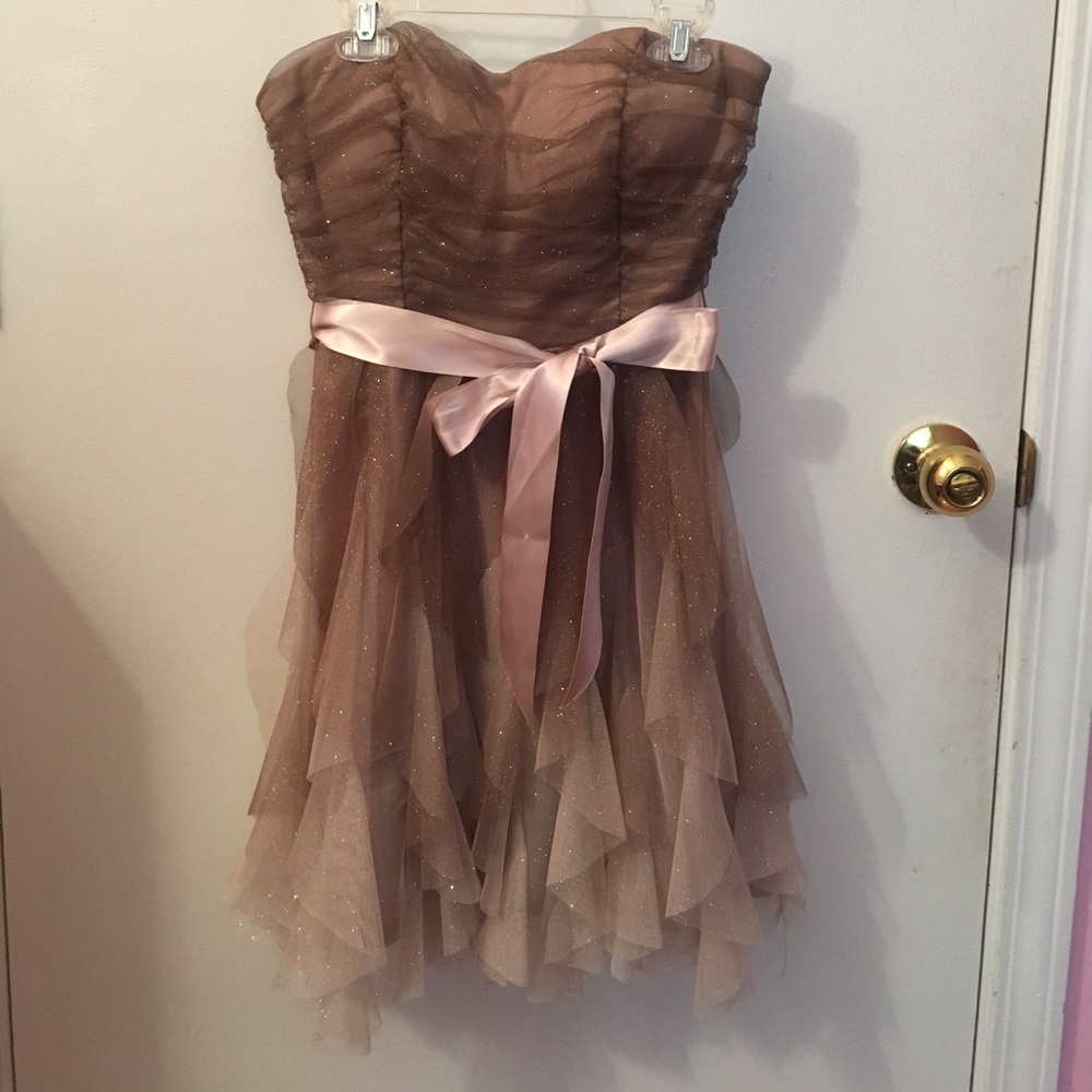 Tan Strapless Homecoming Dress