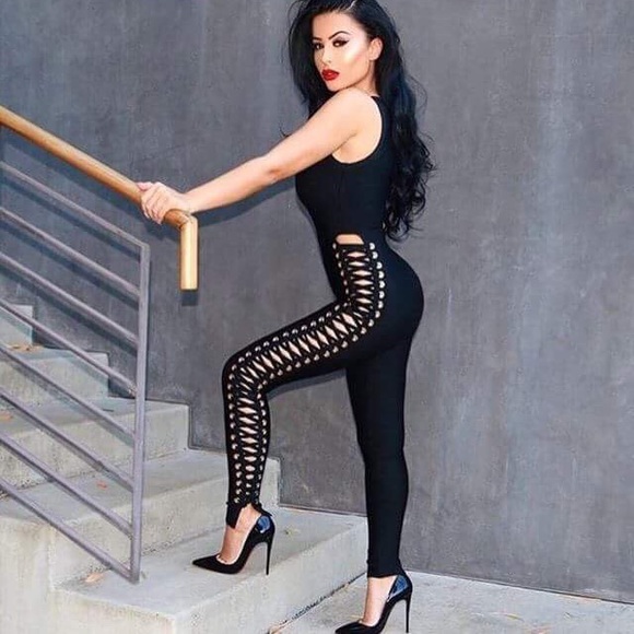 Pants - Sexy Bandage lace-up Jumpsuit - LARGE