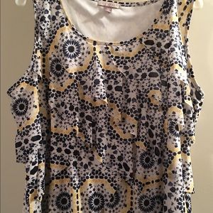 Layered blue and yellow print.