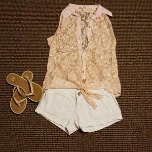 Lace tank. Pink button down