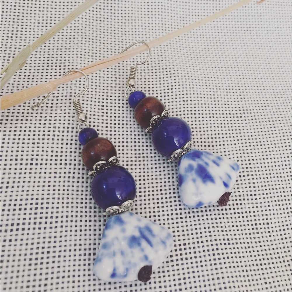 Handmade Wood and Blue Ceramic Bead Earrings