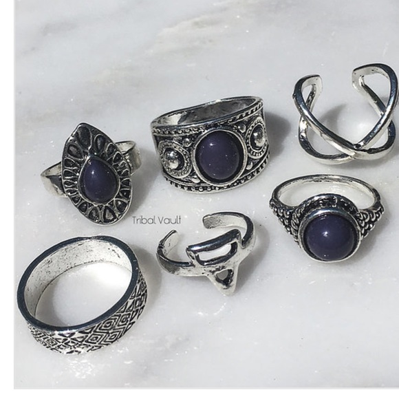 Stackable Rings w/ Dark Blue solid stone 6 pc set - Picture 2 of 2