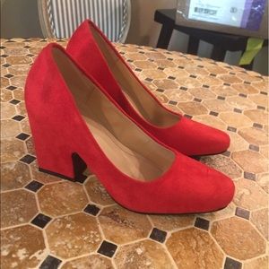 Red Suede Close Toe Chunky Heels