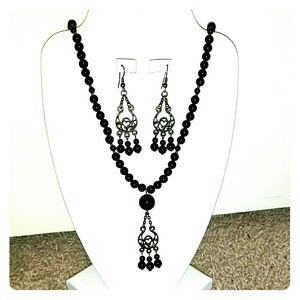 Black beaded necklace and earring set